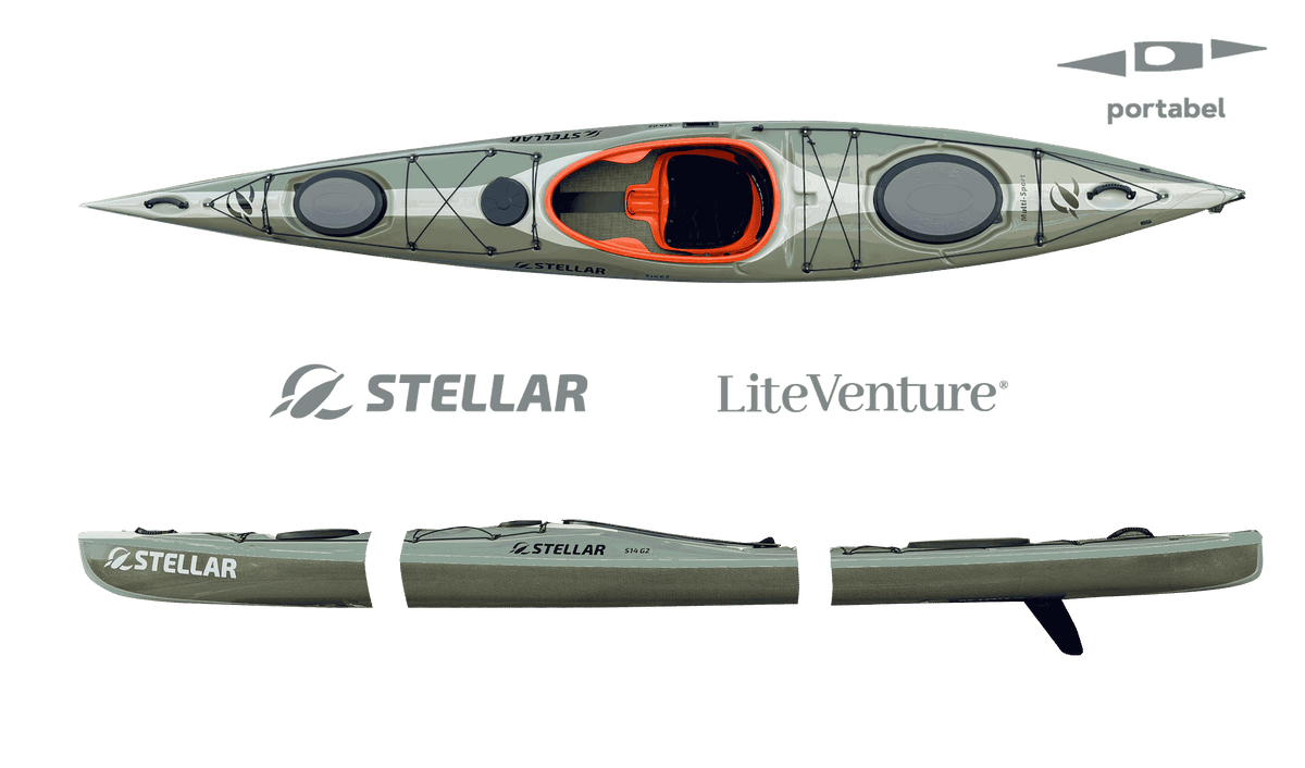 S14 G2 Kayak multisports modulable – Structure en carbone/Kevlar/carbone apparent – Vert roseau/Gris galet/carbone apparent