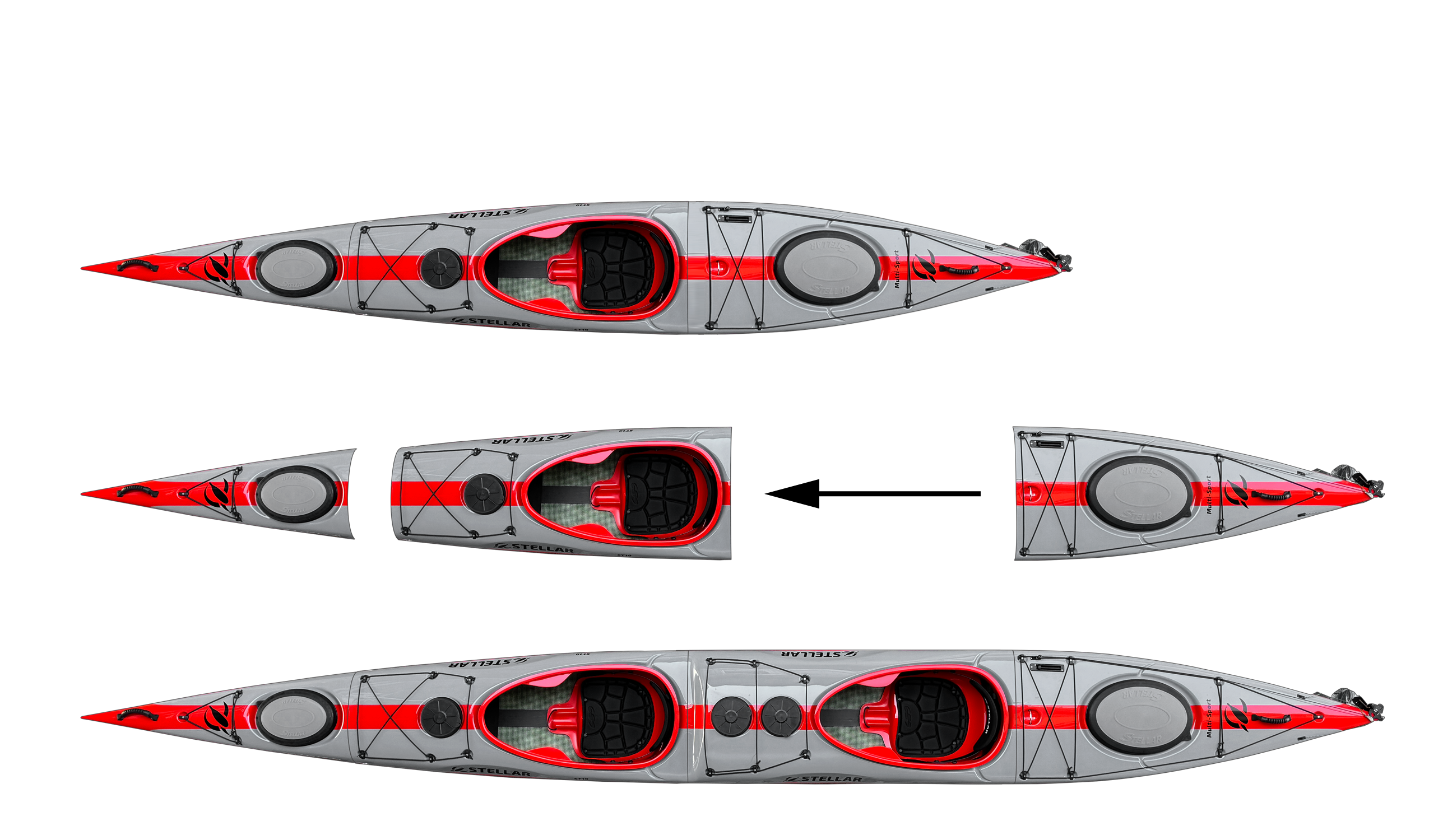ST19 Mod, teilbar-Multisport Layup Carbon/Kevlar-Tandem & Solo Kajak-grau/rot