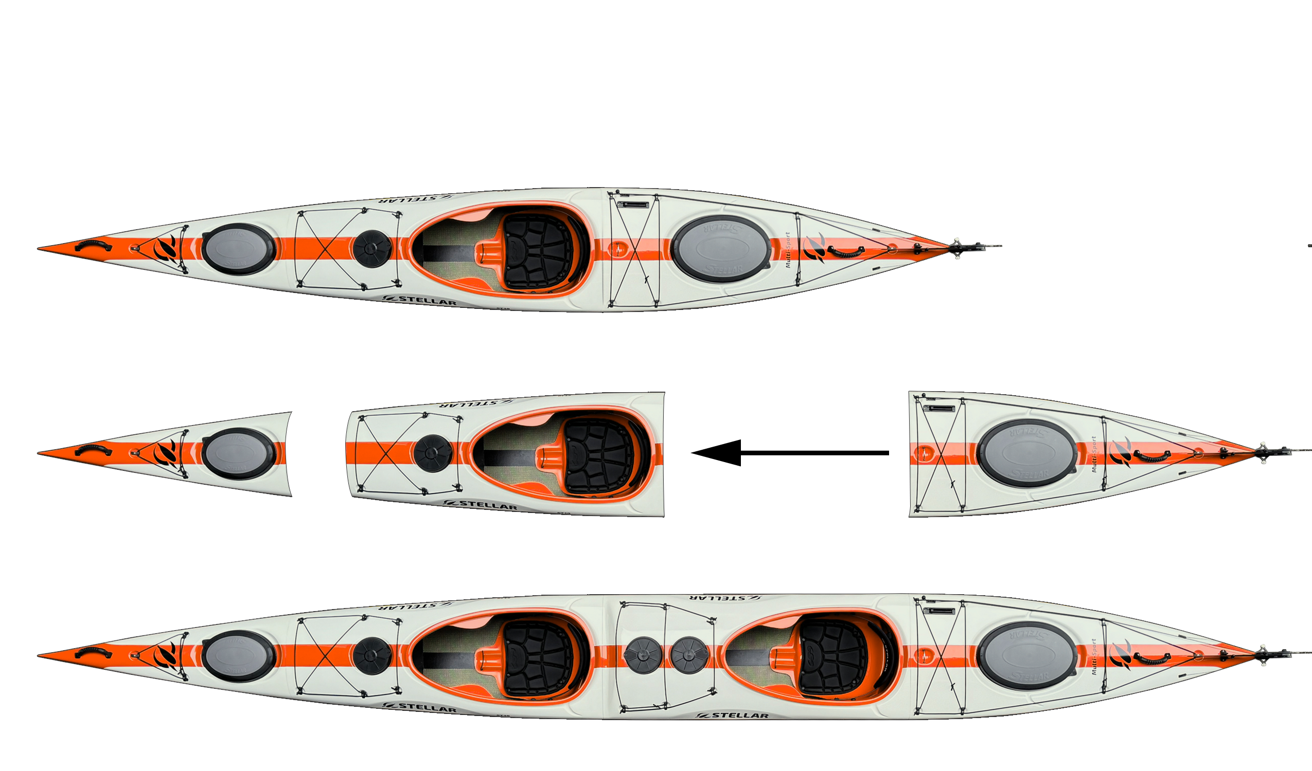 ST19 Mod, teilbar-Multisport Layup-Carbon/Kevlar-Tandem & Solo Kajak-Kieselgrau/Orange/Sichtcarbon