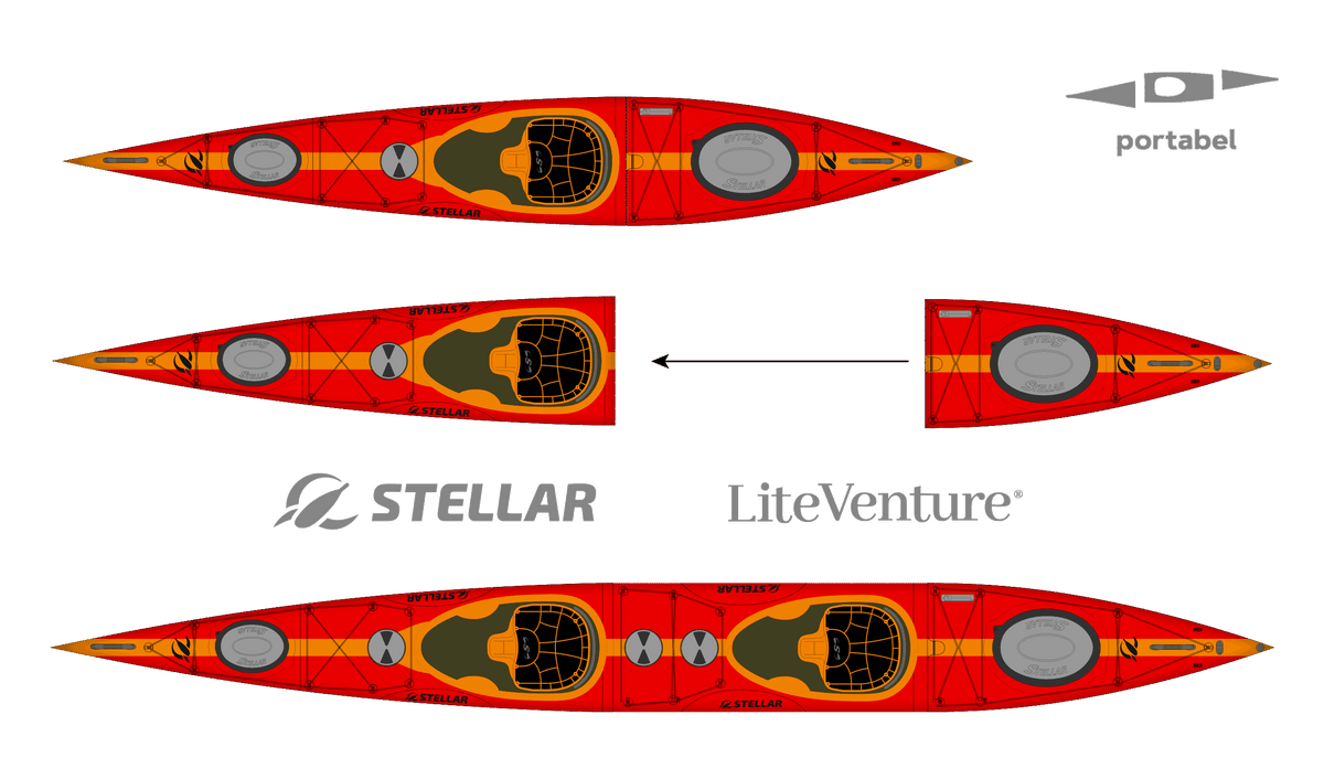 ST19 Mod, kayak desmontable multideporte con estructura de carbono/kevlar, para tándem y individual — Rojo / Naranja / Carbono a la vista