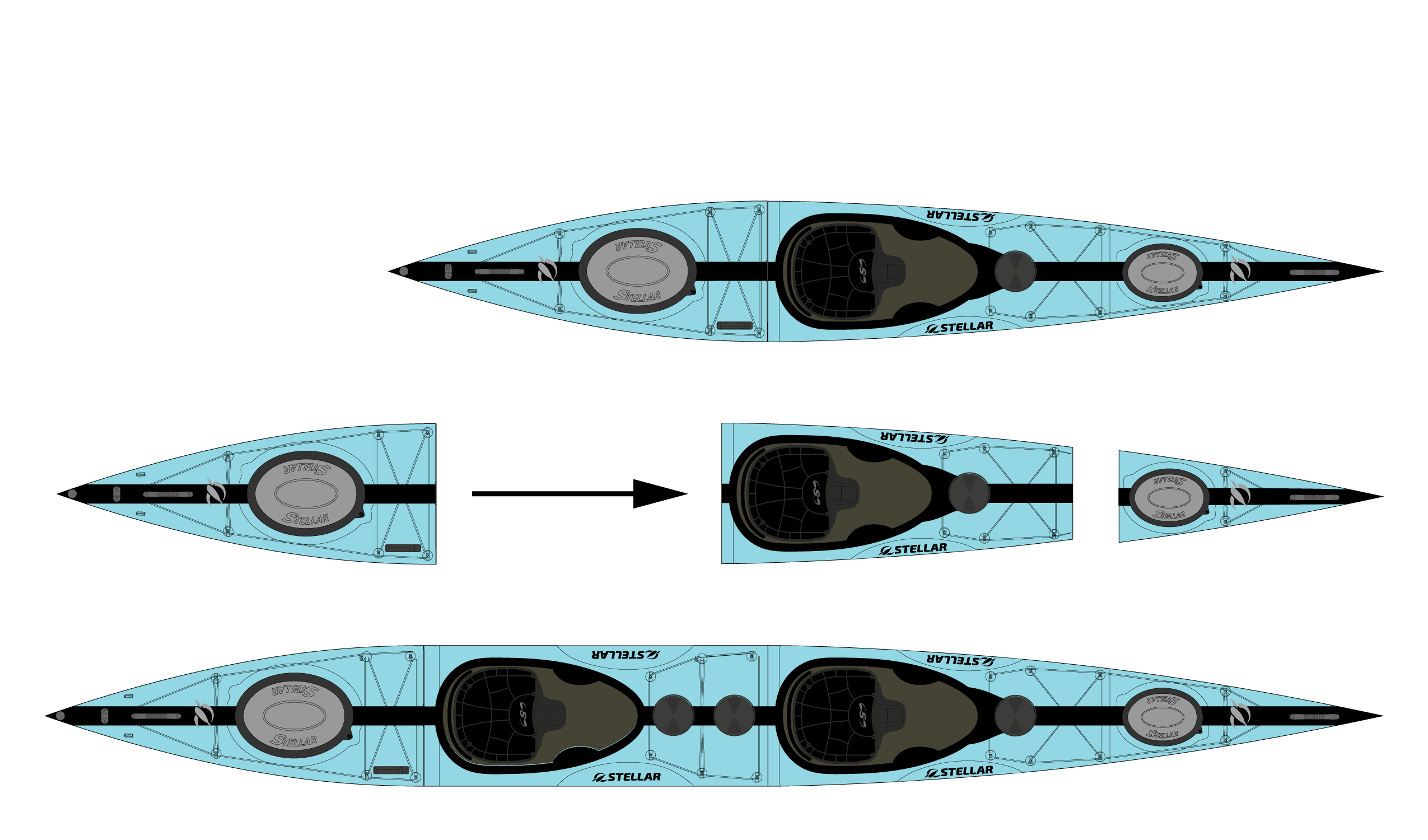 ST19 Mod teilbar-Multisport Layup Carbon/Kevlar-Tandem & Solo Kajak-hellblau schwarz