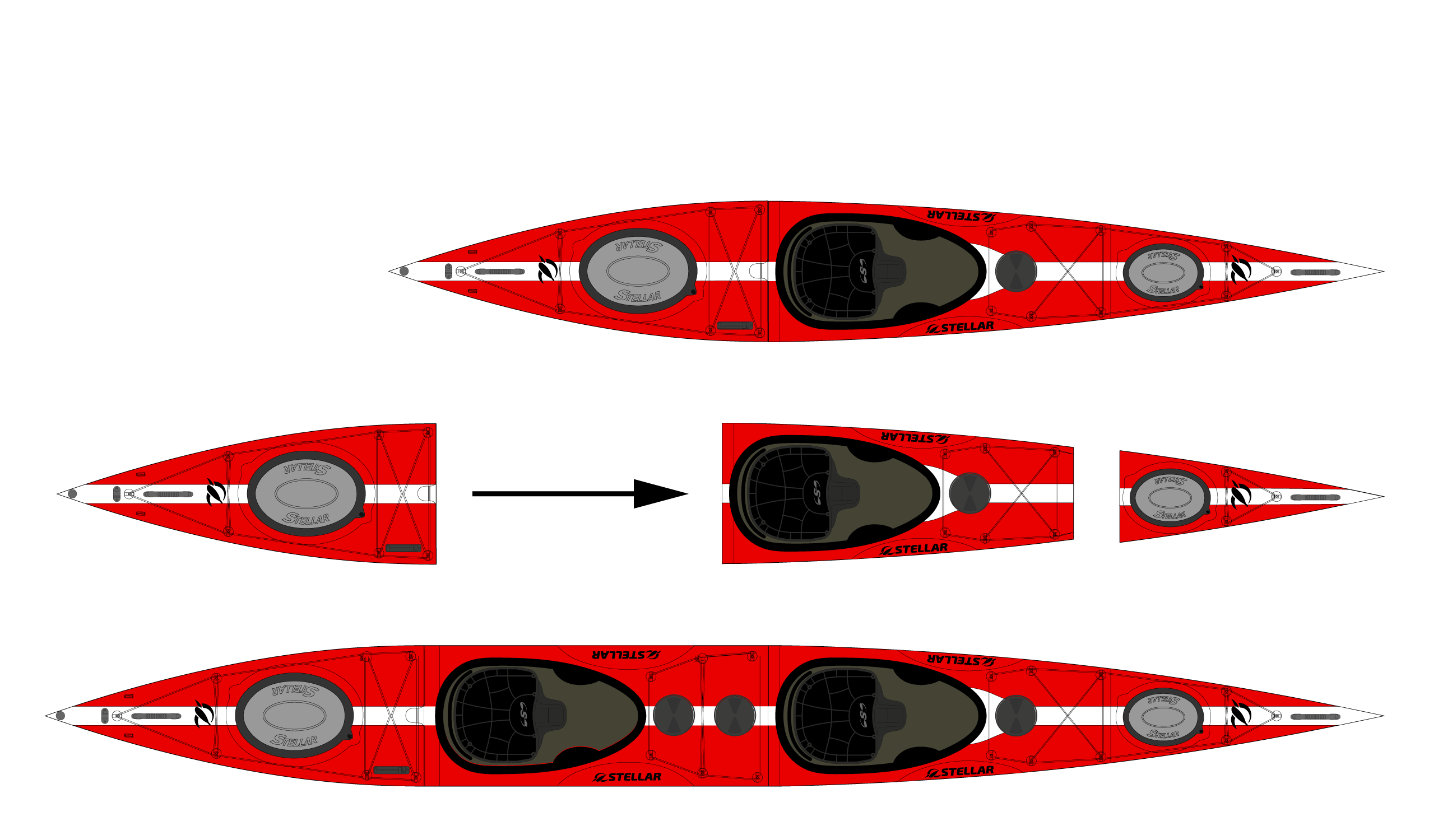 ST19 Mod, divisible tandem & solo kayak-red/white