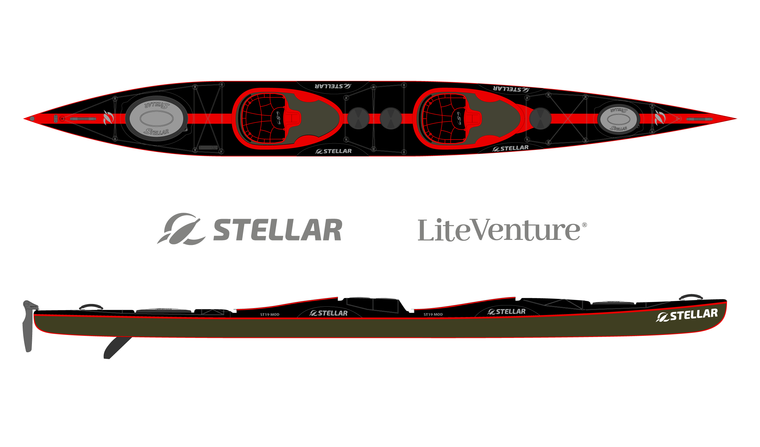 ST19 Mod, divisible tandem & solo kayak-black/red