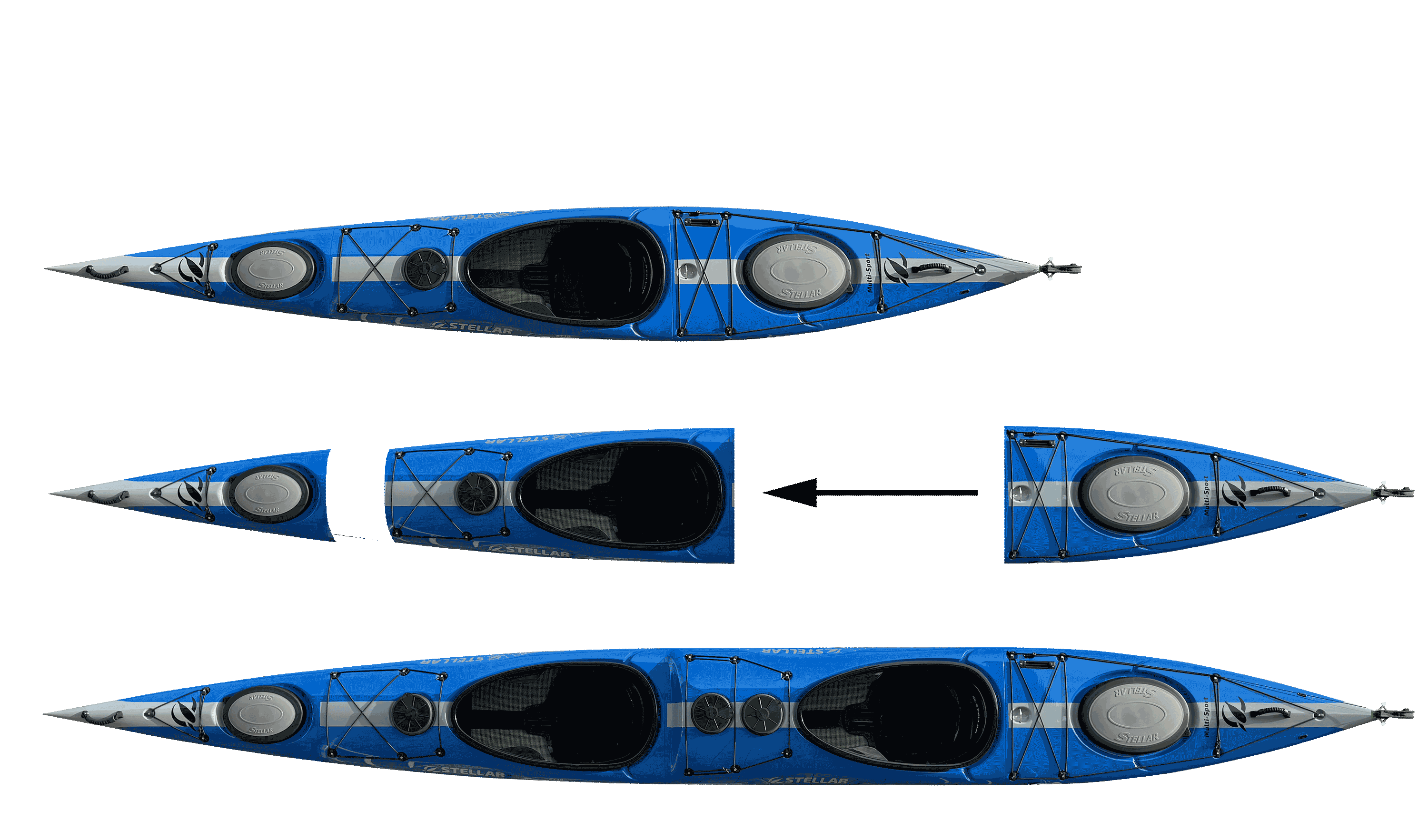 ST19 Mod, divisible-multisport layup carbono/kevlar tandem & solo kayak-azul/gris