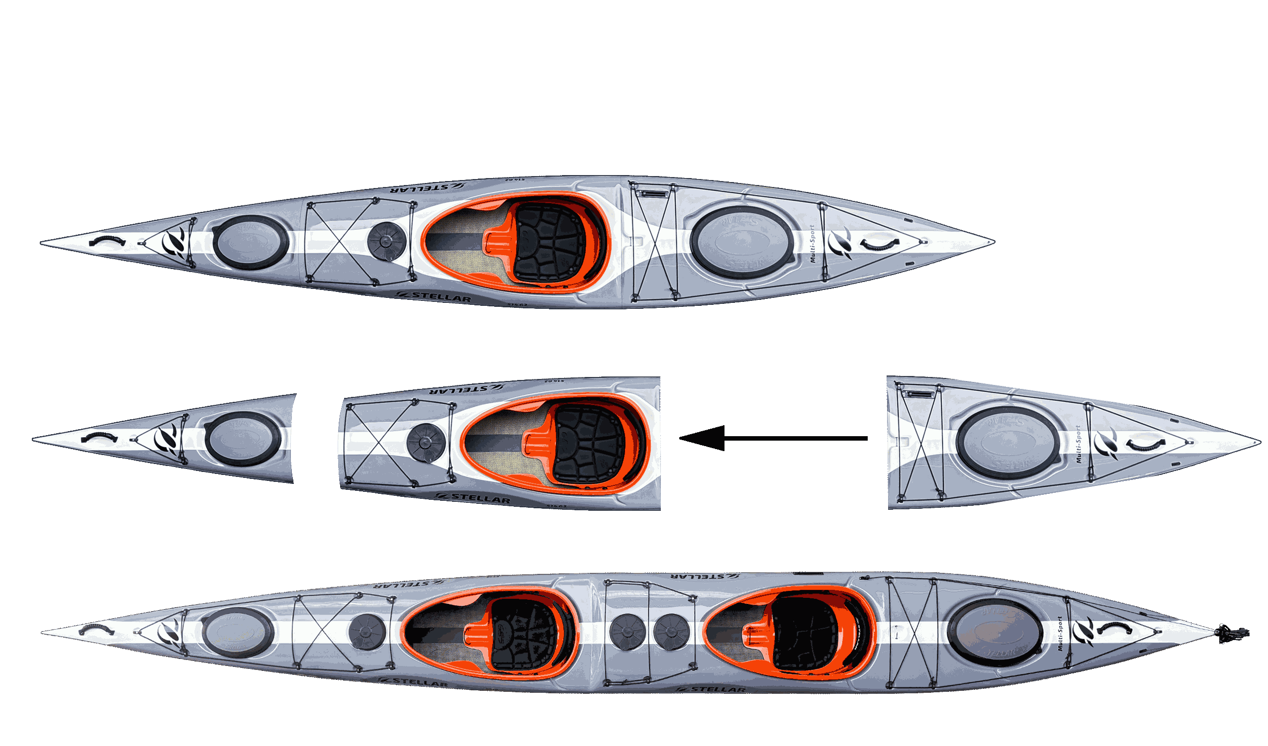 ST19 Mod, teilbar-Multisport Layup Carbon/Kevlar-Tandem & Solo Kajak-grau/weiß