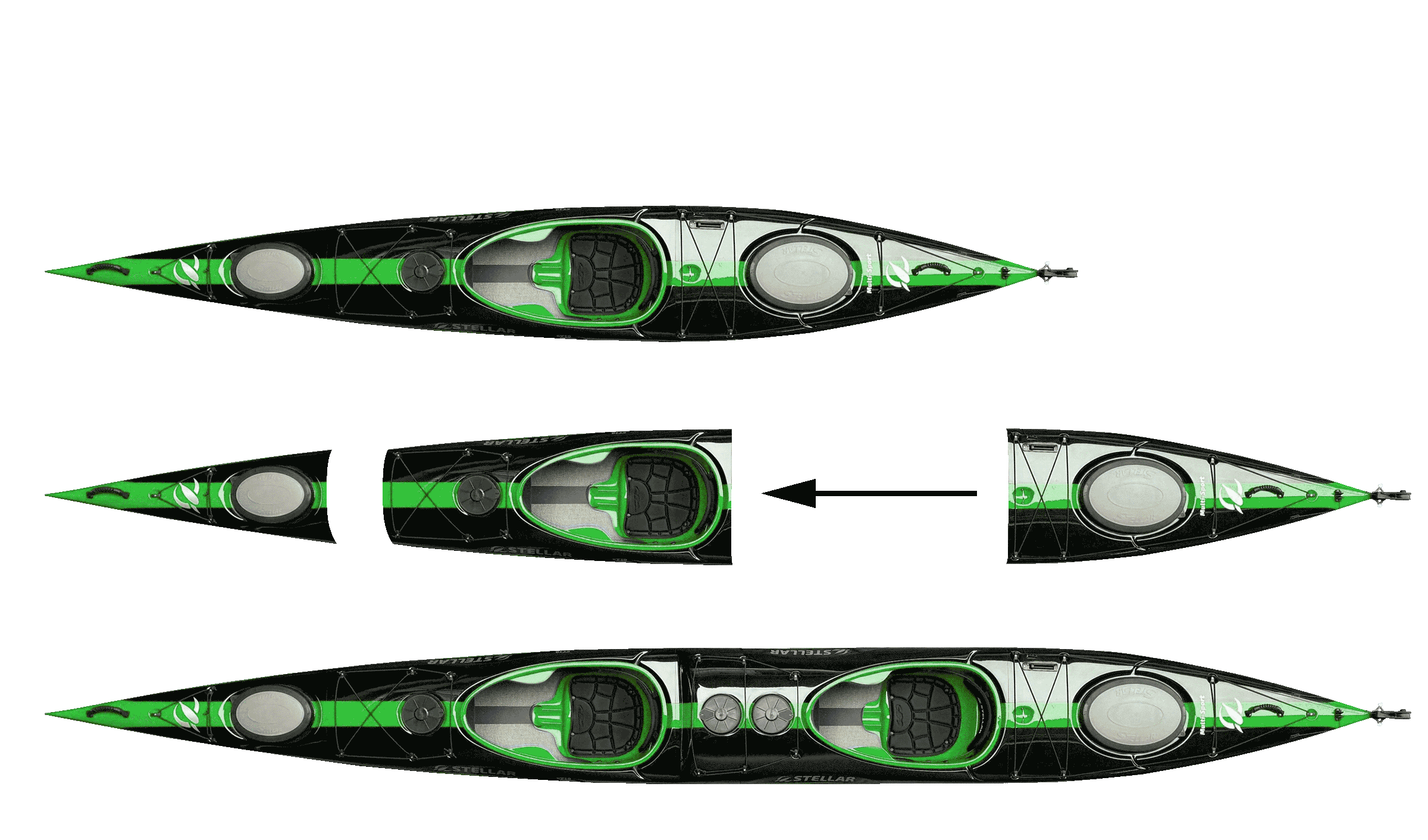 ST19 Mod, divisible tandem & solo kayak-black/green