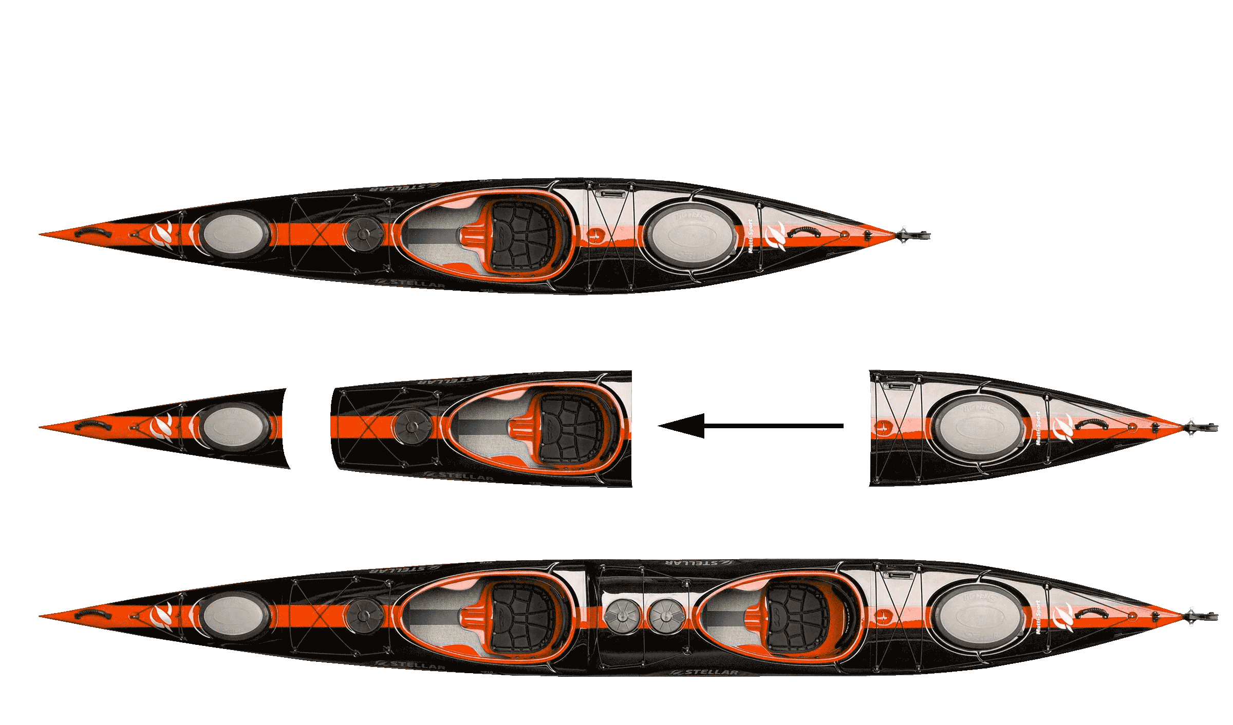 ST19 Mod, teilbar-Multisport Layup Carbon/Kevlar-Tandem & Solo Kajak-schwarz/orange