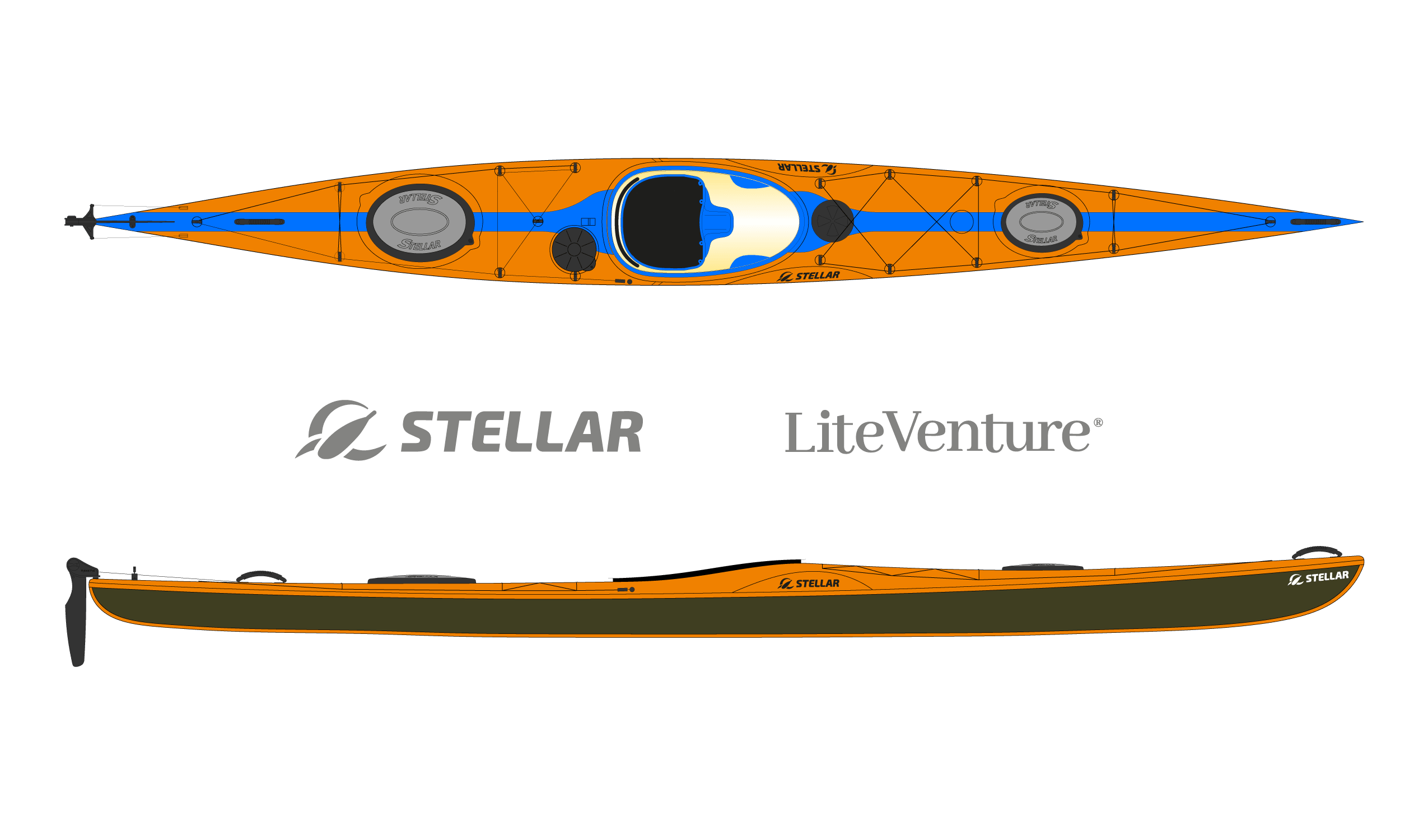 Produktbild von Kajak " S18 Expedition Multisport-orange blau " der Marke STELLAR Lightweight für 3490.00 €. Erhältlich online bei Lite Venture ( www.liteventure.de )