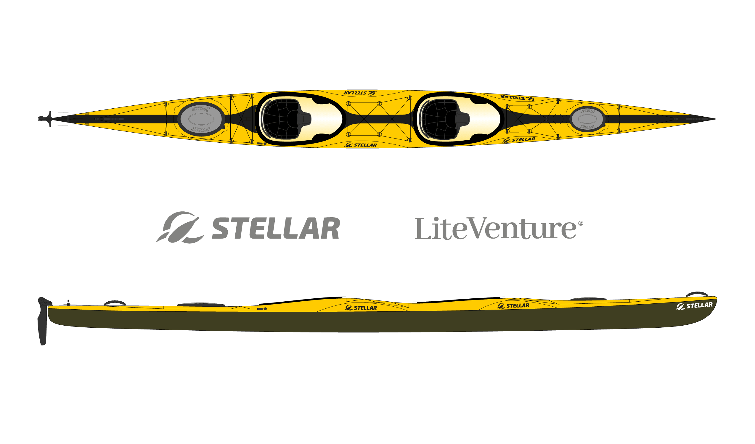 Produktbild von Kajak " ST21 Tandem Racer Multisport-gelb schwarz " der Marke STELLAR Lightweight für 4390.00 €. Erhältlich online bei Lite Venture ( www.liteventure.de )