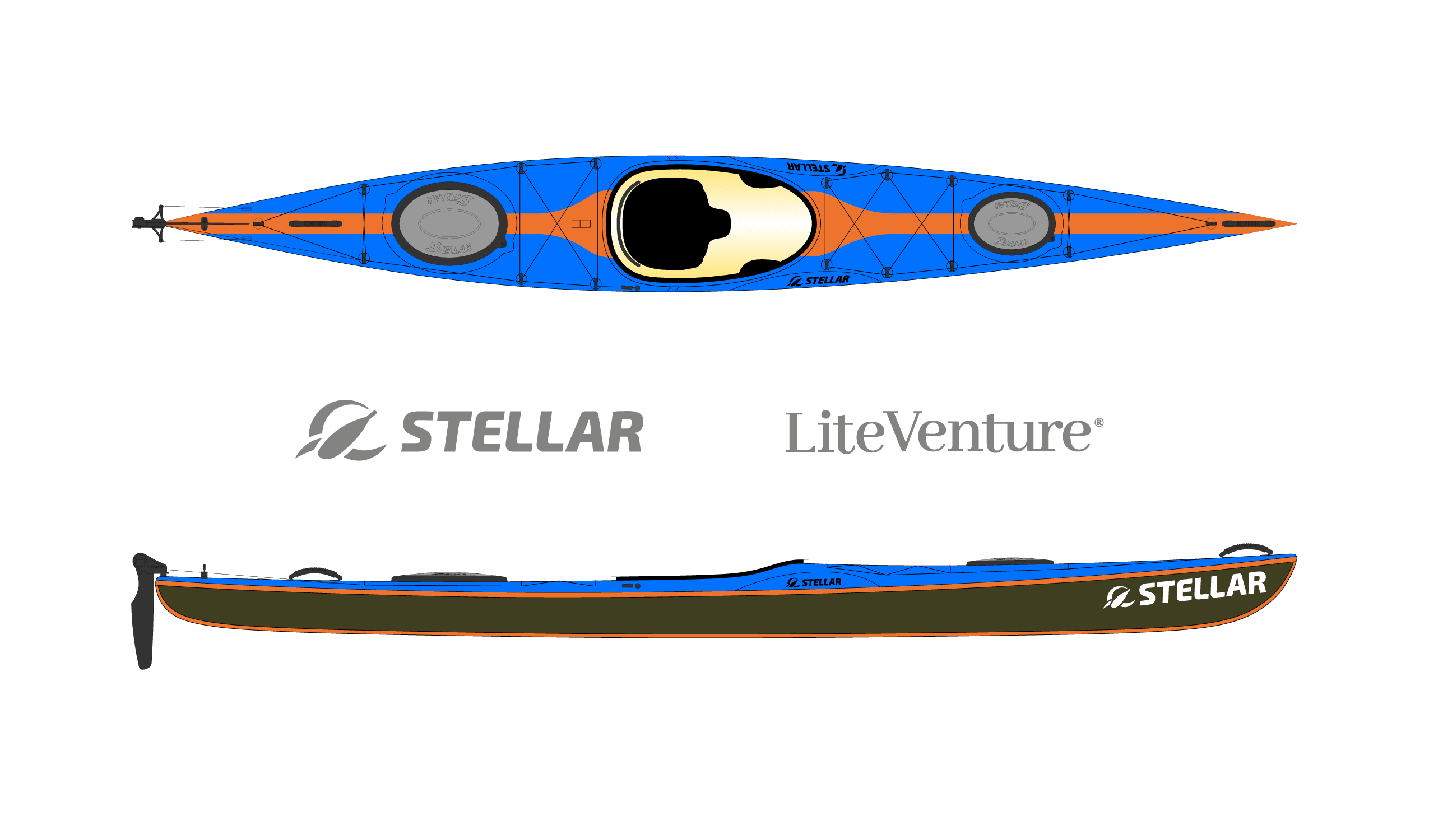 Produktbild von Kajak " S15LV Multisport-blau orange " der Marke STELLAR Lightweight für 3240.00 €. Erhältlich online bei Lite Venture ( www.liteventure.de )