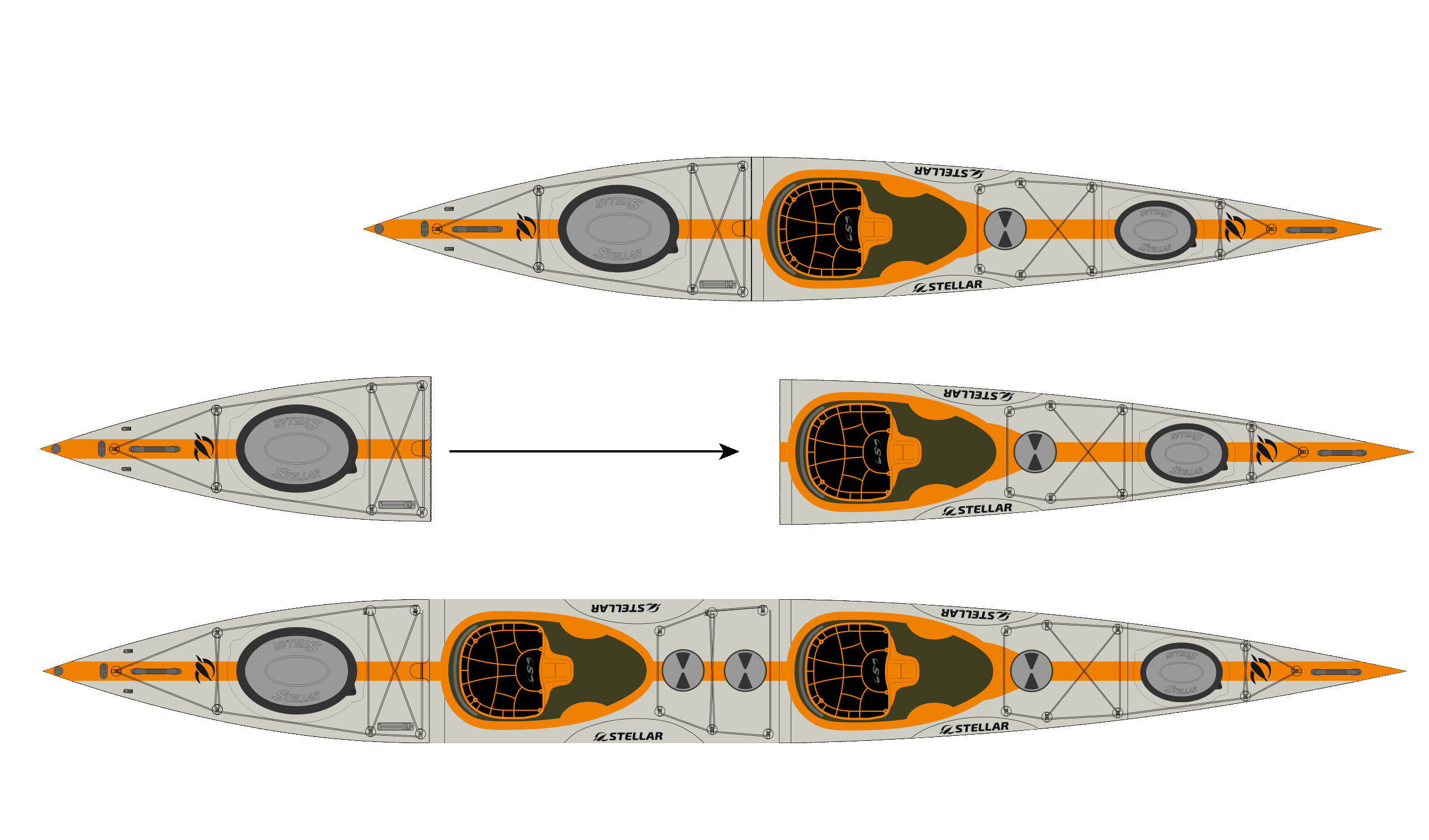 ST19 Mod, teilbar-Multisport Layup-Carbon/Kevlar-Tandem & Solo Kajak-Kieselgrau/Orange/Sichtcarbon