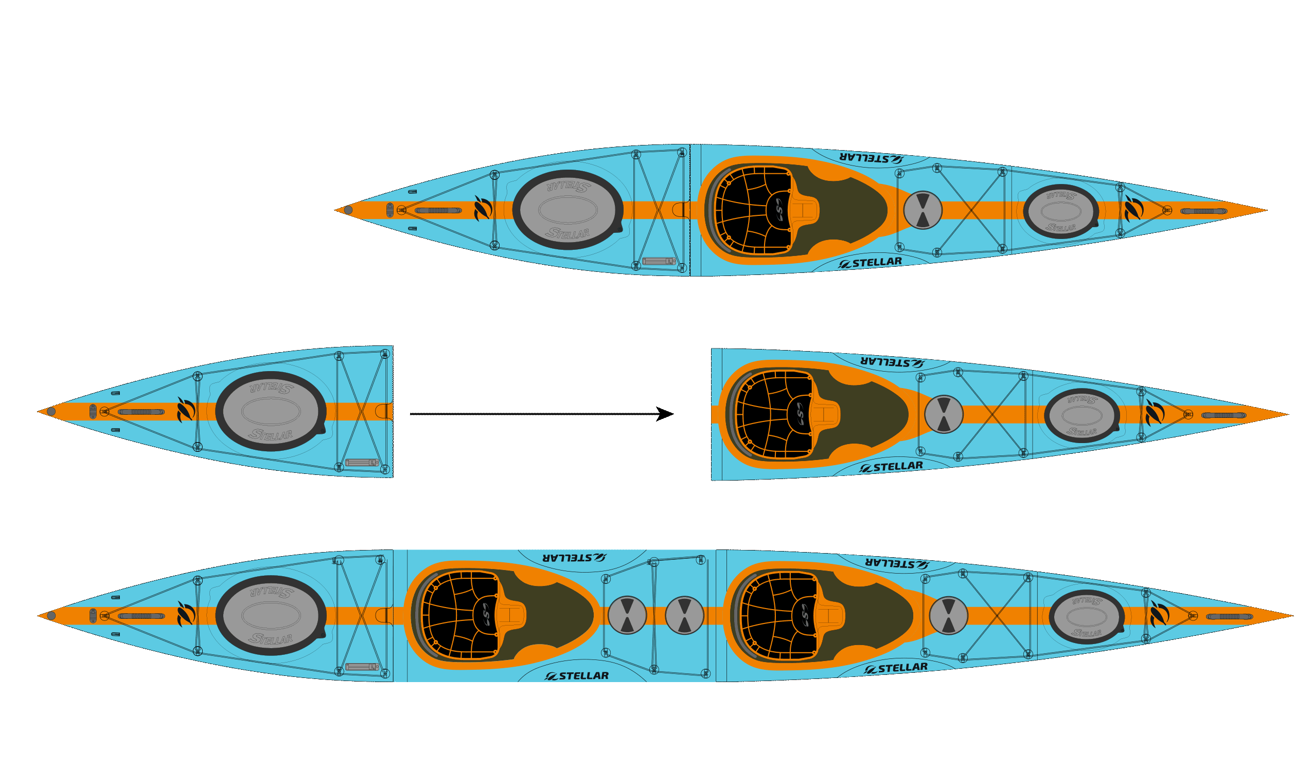 ST19 Mod teilbar-Multisport Layup Carbon/Kevlar-Tandem & Solo Kajak-Teal/Orange/Sichtcarbon