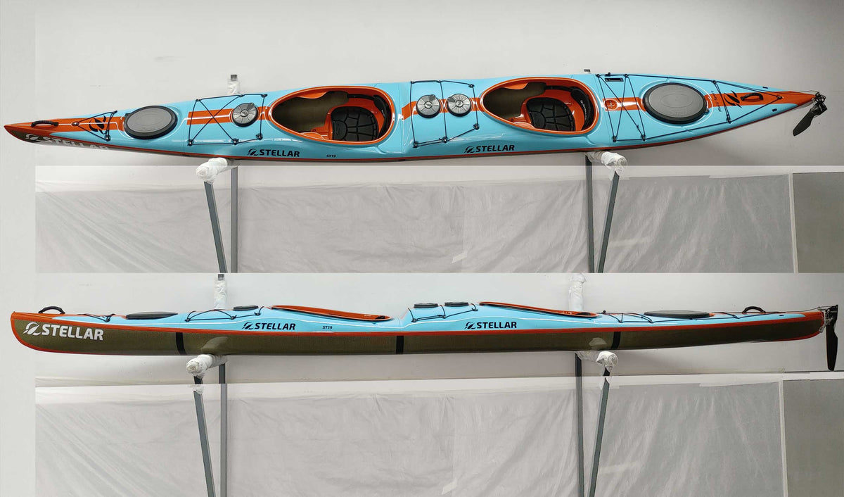 ST19 Mod divisible-Multisport Layup Carbon/Kevlar-Tandem & Solo Kayak-Teal/Orange/Visible Carbon