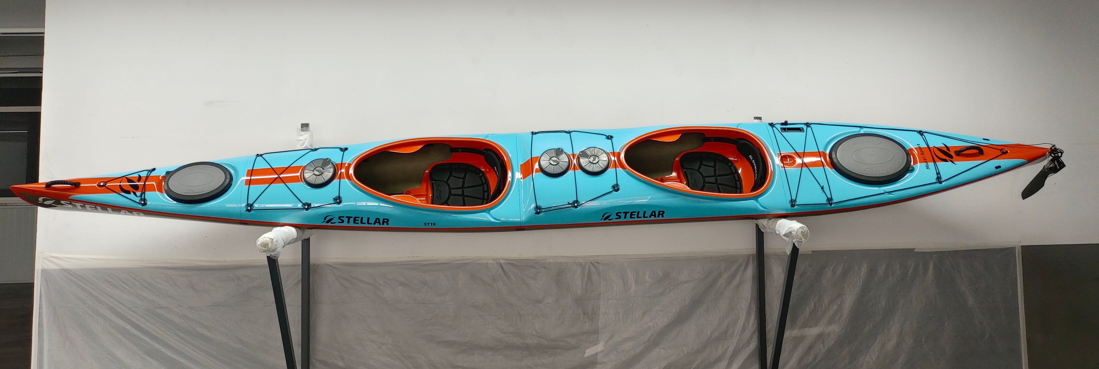 ST19 Mod teilbar-Multisport Layup Carbon/Kevlar-Tandem & Solo Kajak-Teal/Orange/Sichtcarbon
