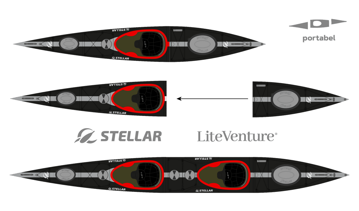 ST19 Mod, teilbar-Multisport Layup-Carbon/Kevlar-Tandem & Solo Kajak-Schwarz/Grau/Sichtcarbon