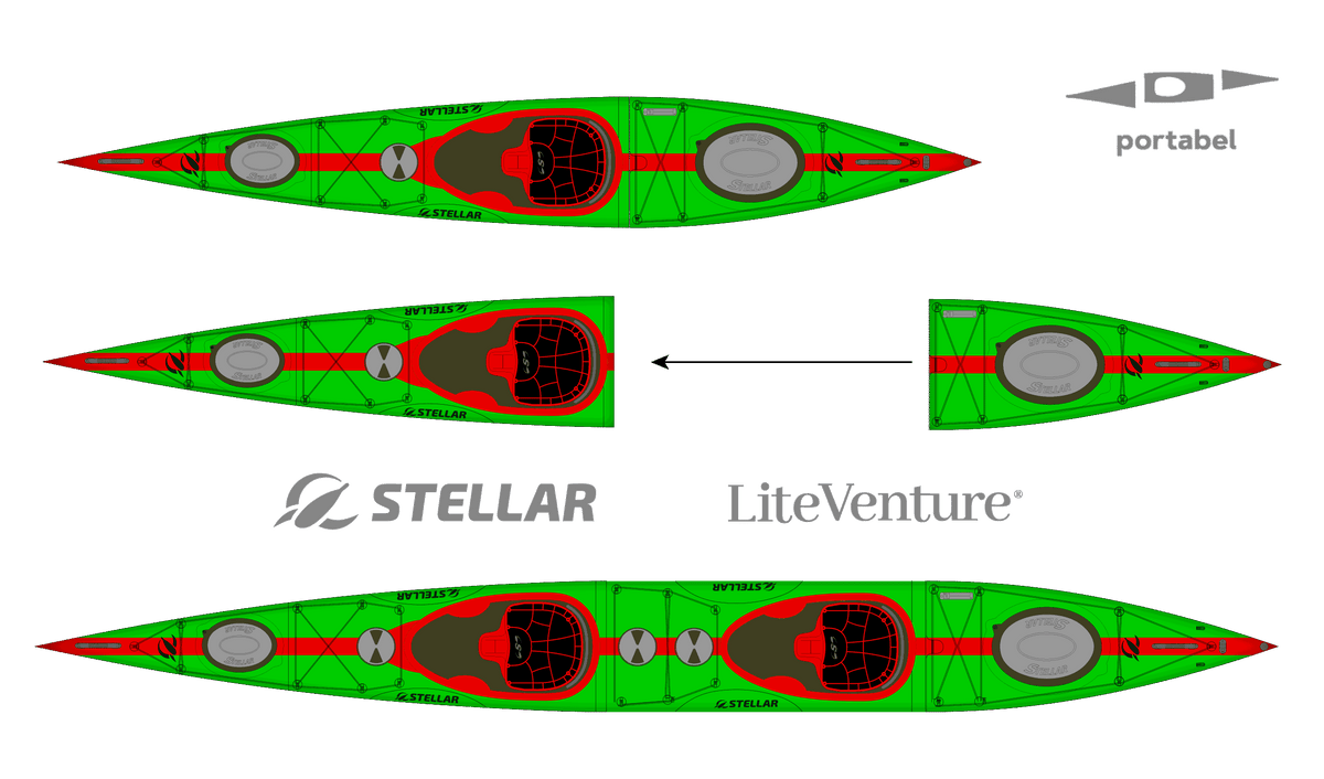 ST19 Mod, teilbar-Multisport Layup Carbon/Kevlar-Tandem & Solo Kajak-Gruen/Rot/Sichtcarbon