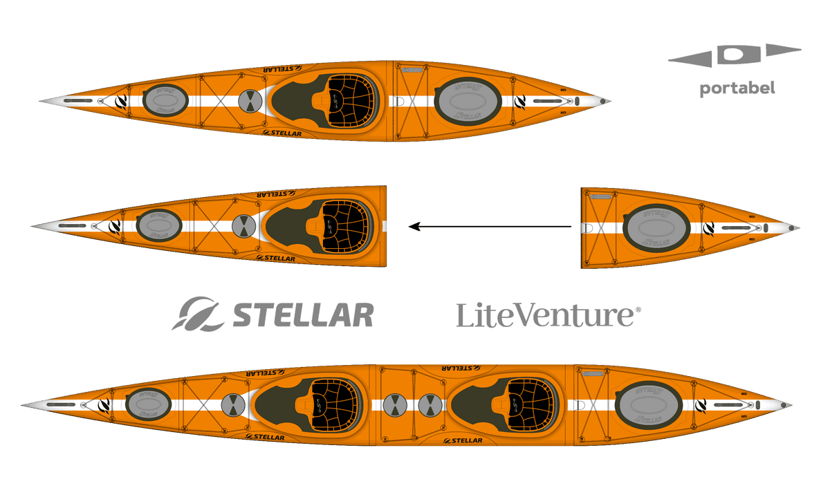 ST19 Mod, teilbar-Multisport Layup Carbon/Kevlar-Tandem & Solo Kajak-Orange/Weiss/Sichtcarbon