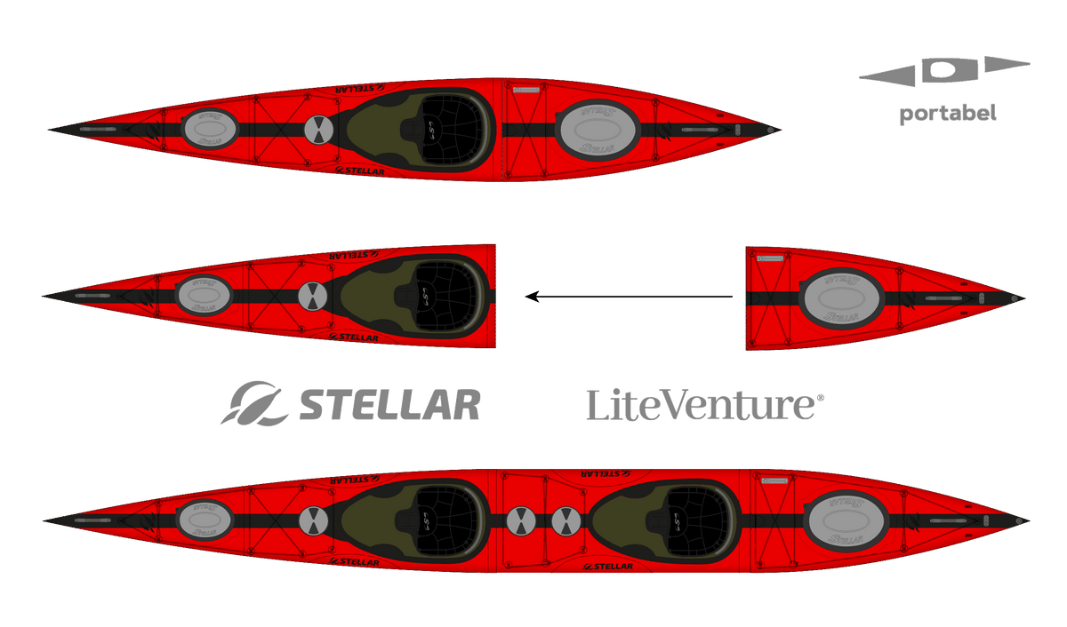 ST19 Mod, teilbar-Multisport Layup Carbon/Kevlar-Tandem & Solo Kajak-Rot/Schwarz/Sichtcarbon