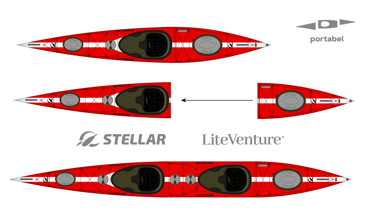 ST19 Mod, teilbar-Multisport Layup-Carbon/Kevlar-Tandem & Solo Kajak-Rot/Weiss/Sichtcarbon