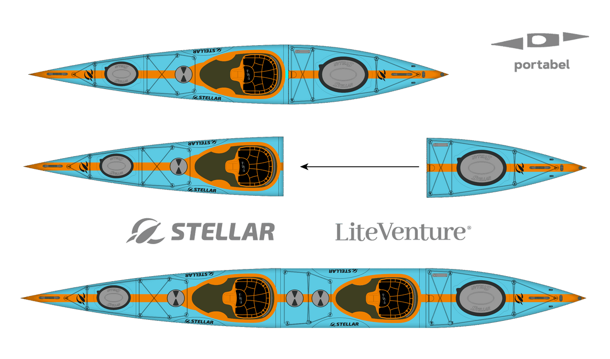 ST19 Mod divisible-Multisport Layup Carbon/Kevlar-Tandem & Solo Kayak-Teal/Orange/Visible Carbon
