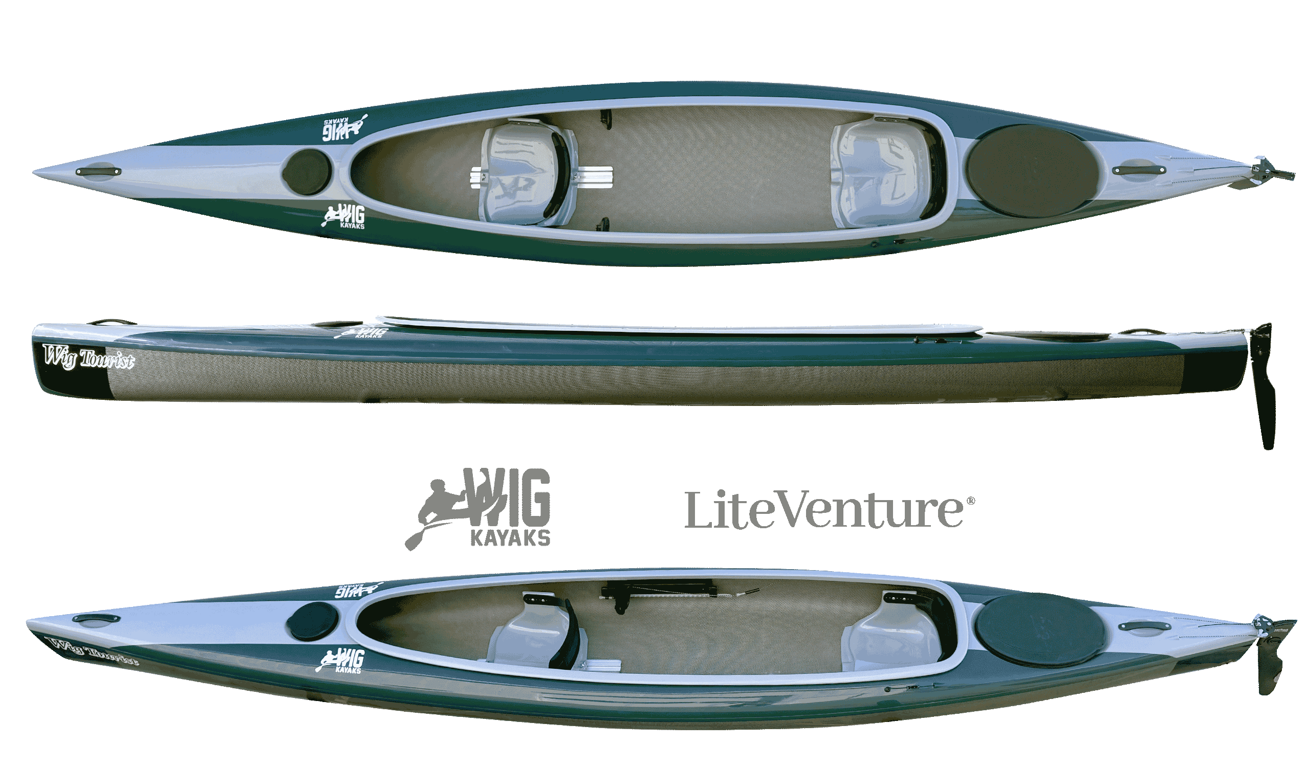 Tourist Open Tandem Kajak Carbon/Kevlar Layup, Moosgrün/Grau