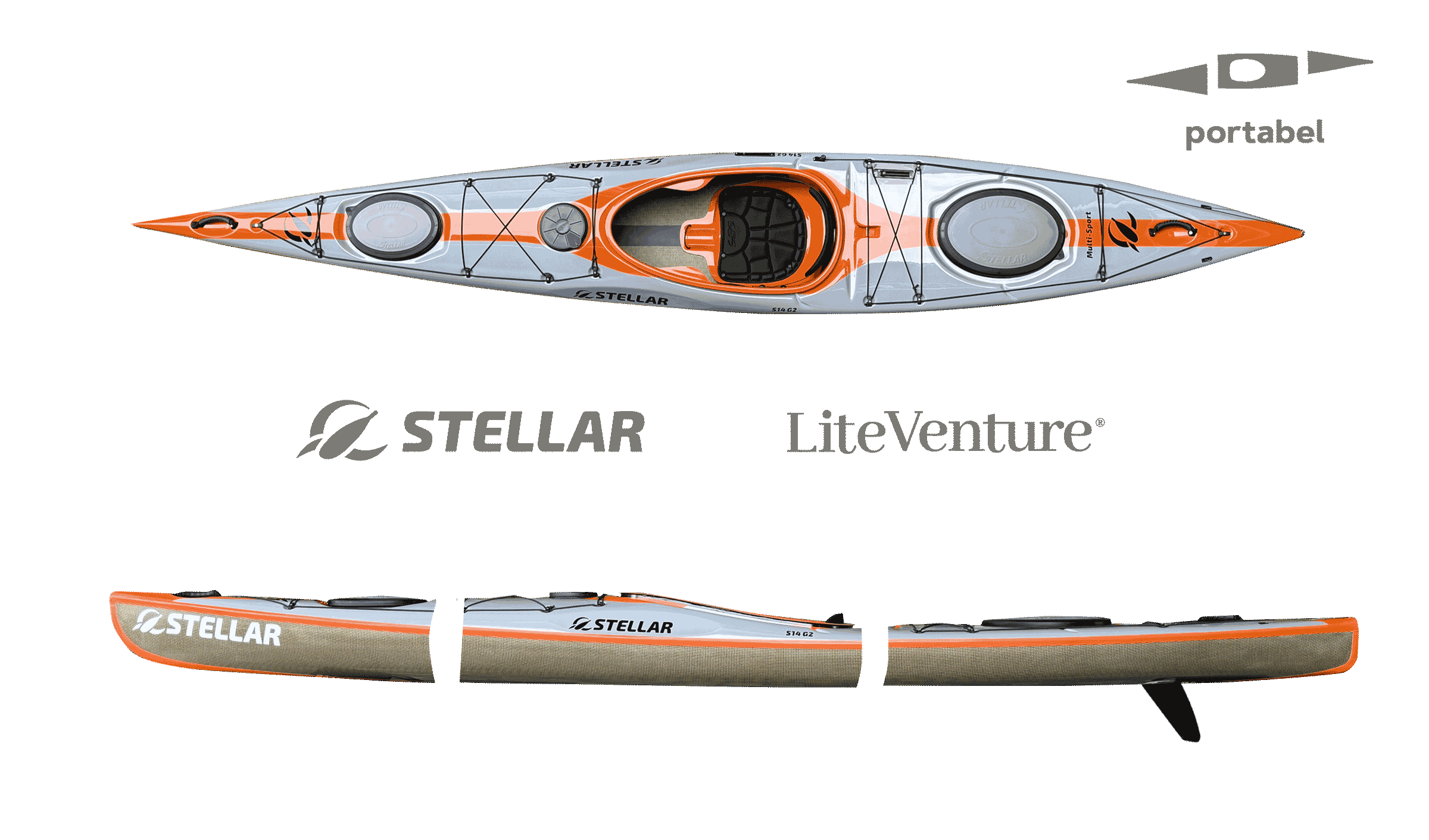 S14 G2 Mod-teilbares Kajak-Multisport Layup-Carbon/Kevlar-Grau/Orange/Sichtcarbon