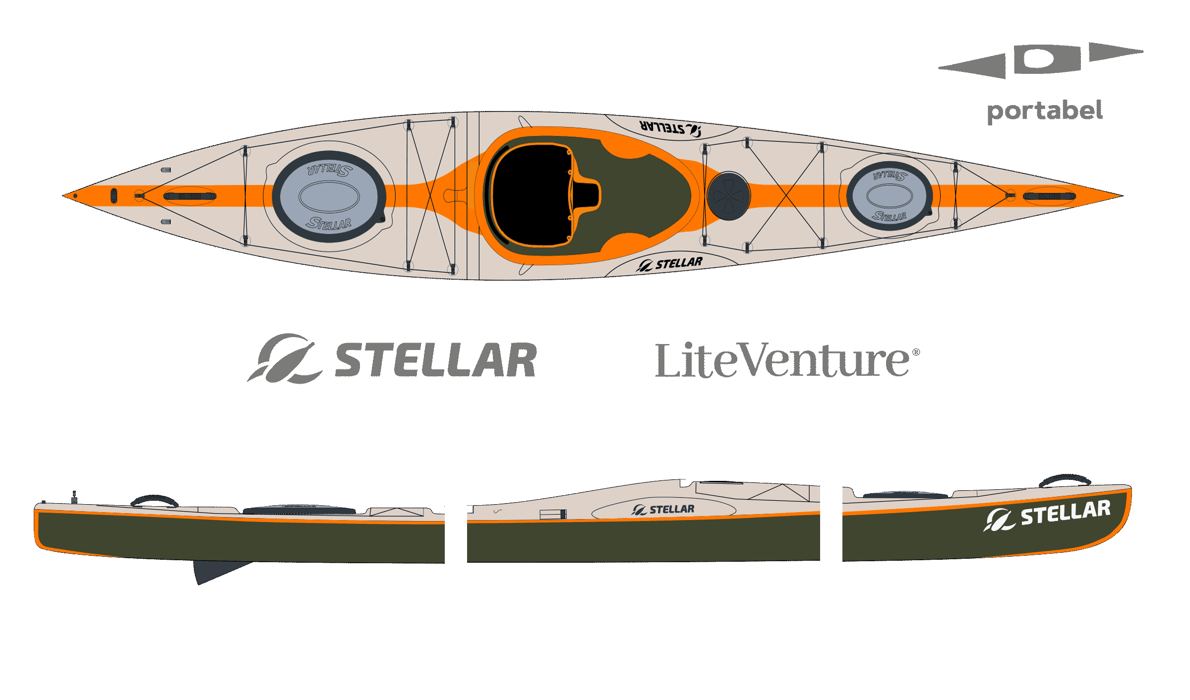 S14 G2 Mod-teilbares Kajak-Multisport Layup-Carbon/Kevlar-Kieselgrau/Orange/Sichtcarbon