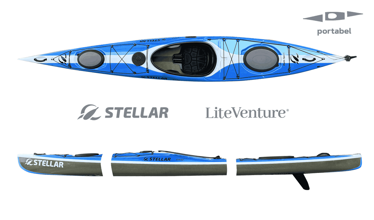 S14 G2 Mod-teilbares Kajak-Multisport Layup-Carbon/Kevlar-Blau/Weiss/Sichtcarbon