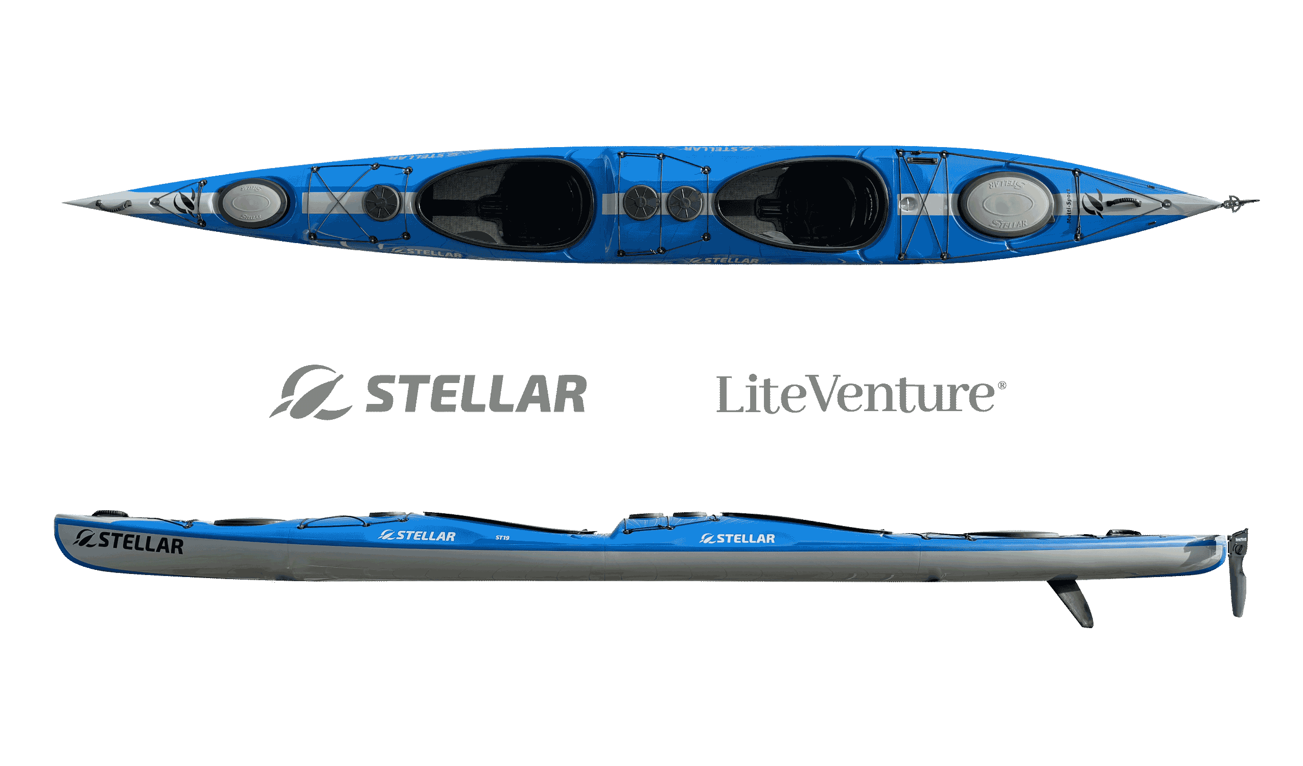 ST19 Mod, divisible-multisport layup carbono/kevlar tandem & solo kayak-azul/gris