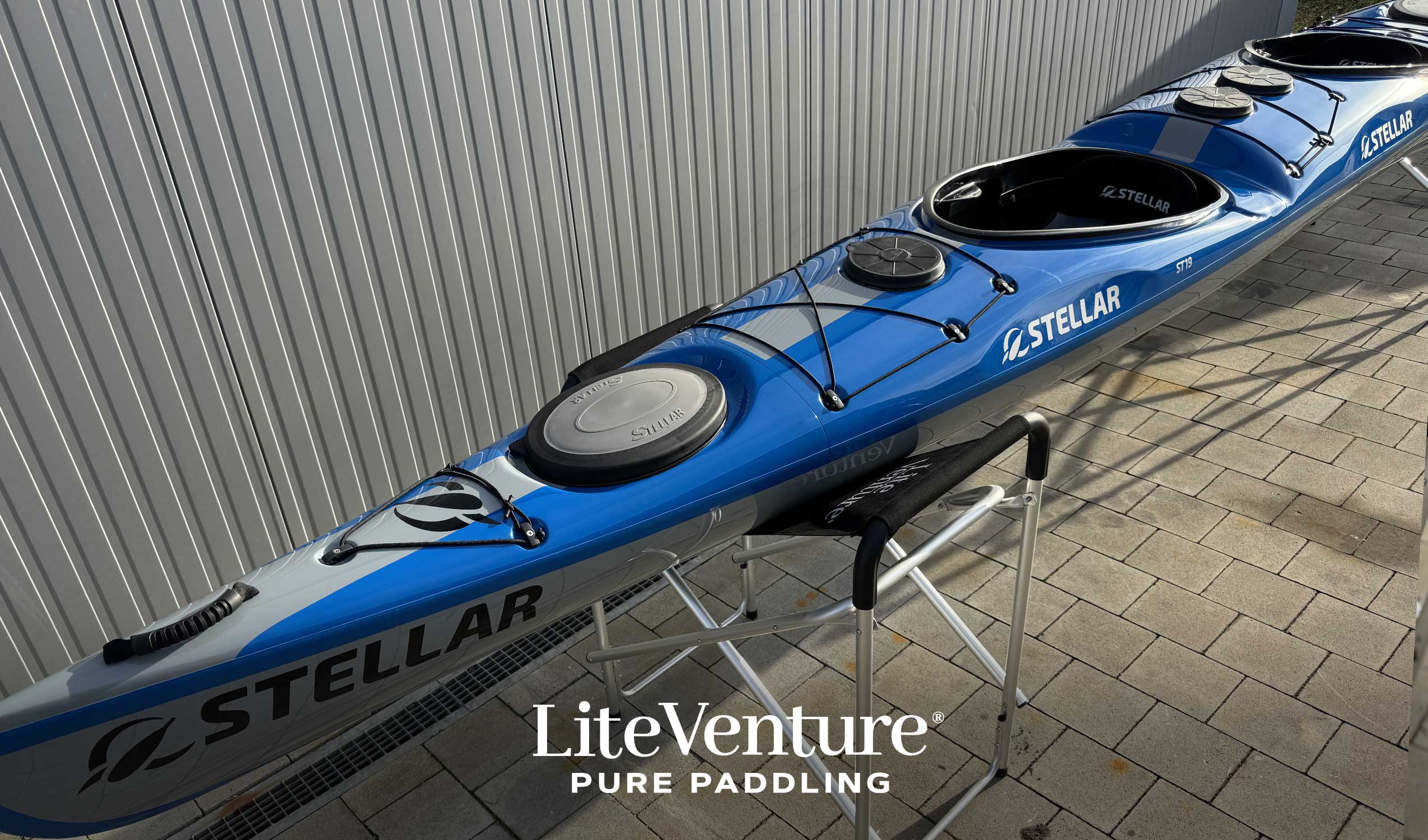 ST19 Mod, divisible-multisport layup carbono/kevlar tandem & solo kayak-azul/gris