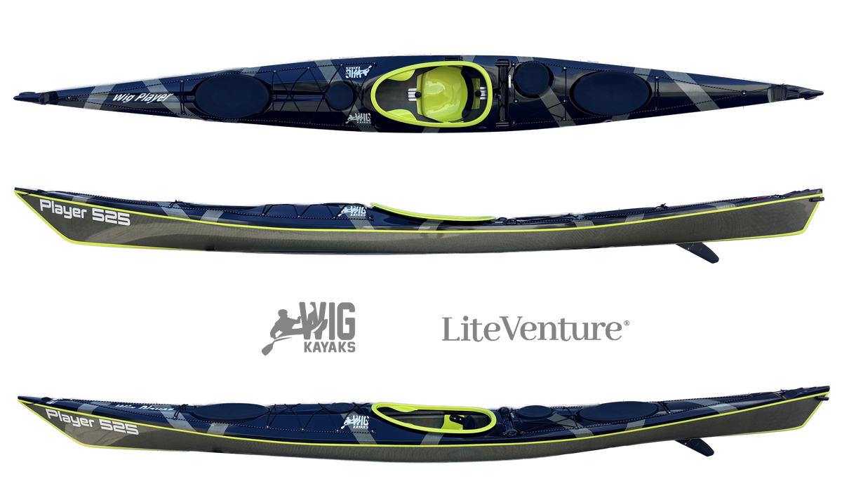 Player 525, kayak de mer C/K Layup - Noir/Vert acide/Carbone apparent Carbone/Kevlar