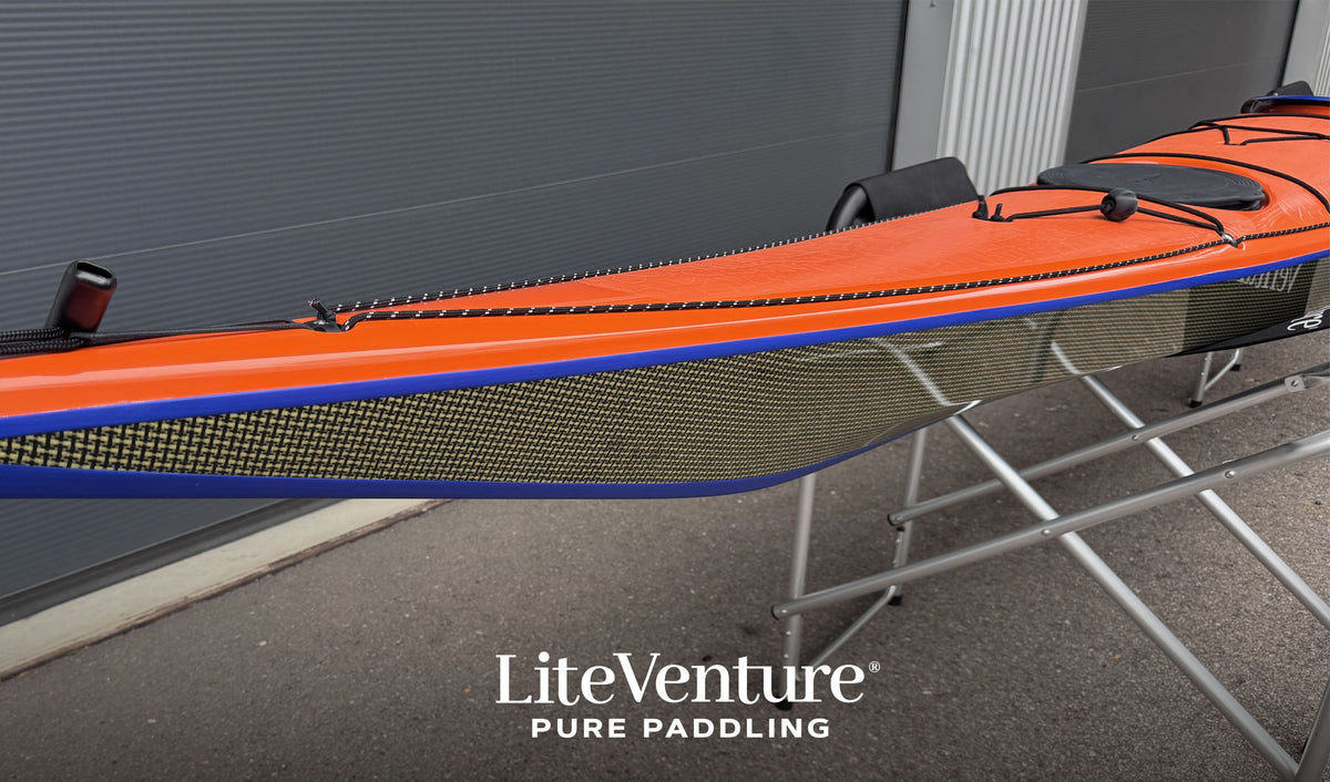 Greenland T-Carbon/Kevlar Layup-Orange/Blue with visible carbon fibre