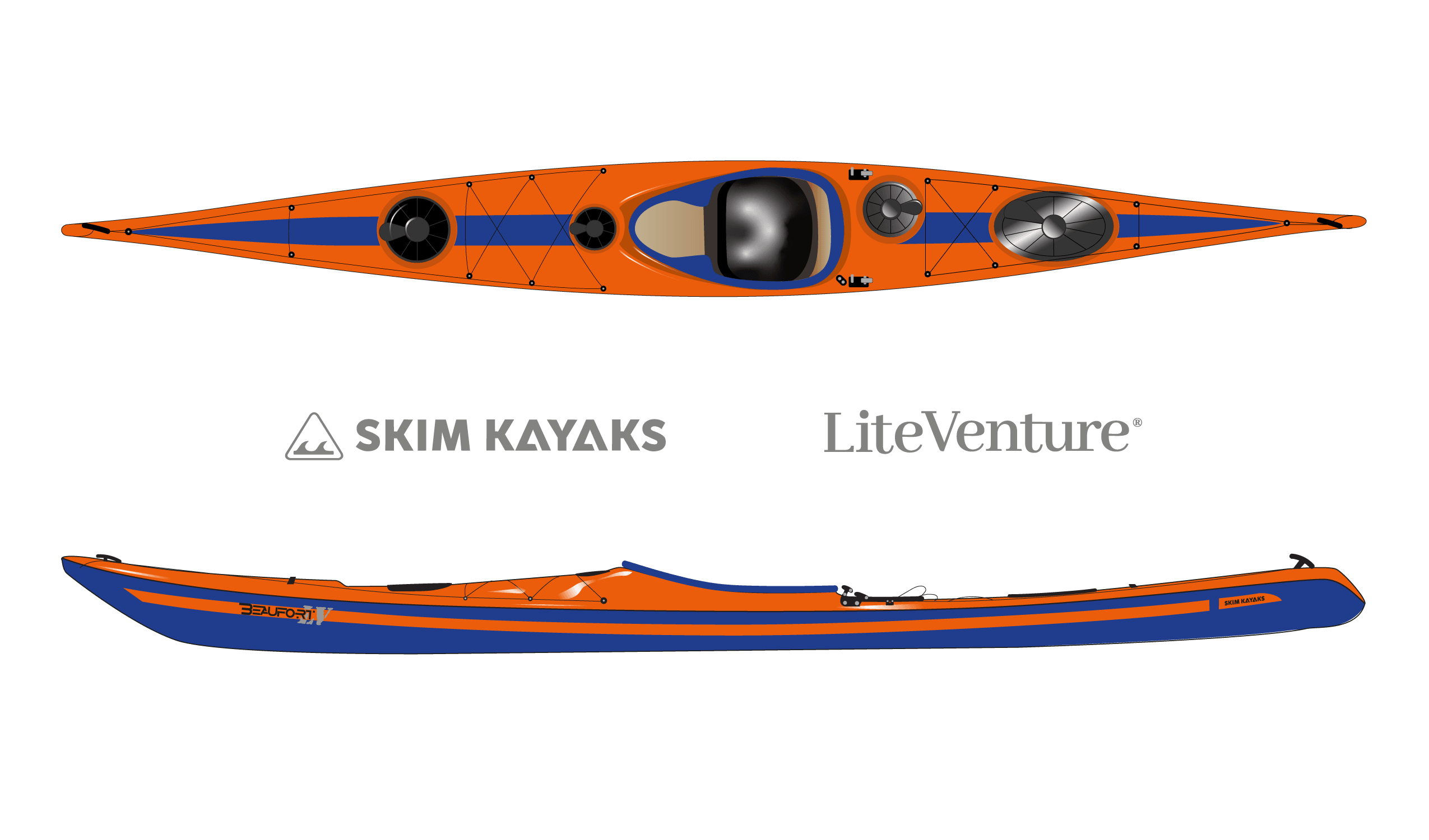 Produktbild von Kajak " Beaufort LV Rockhopper-orange blau " der Marke SKIM Kayaks für 4350.00 €. Erhältlich online bei Lite Venture ( www.liteventure.de )