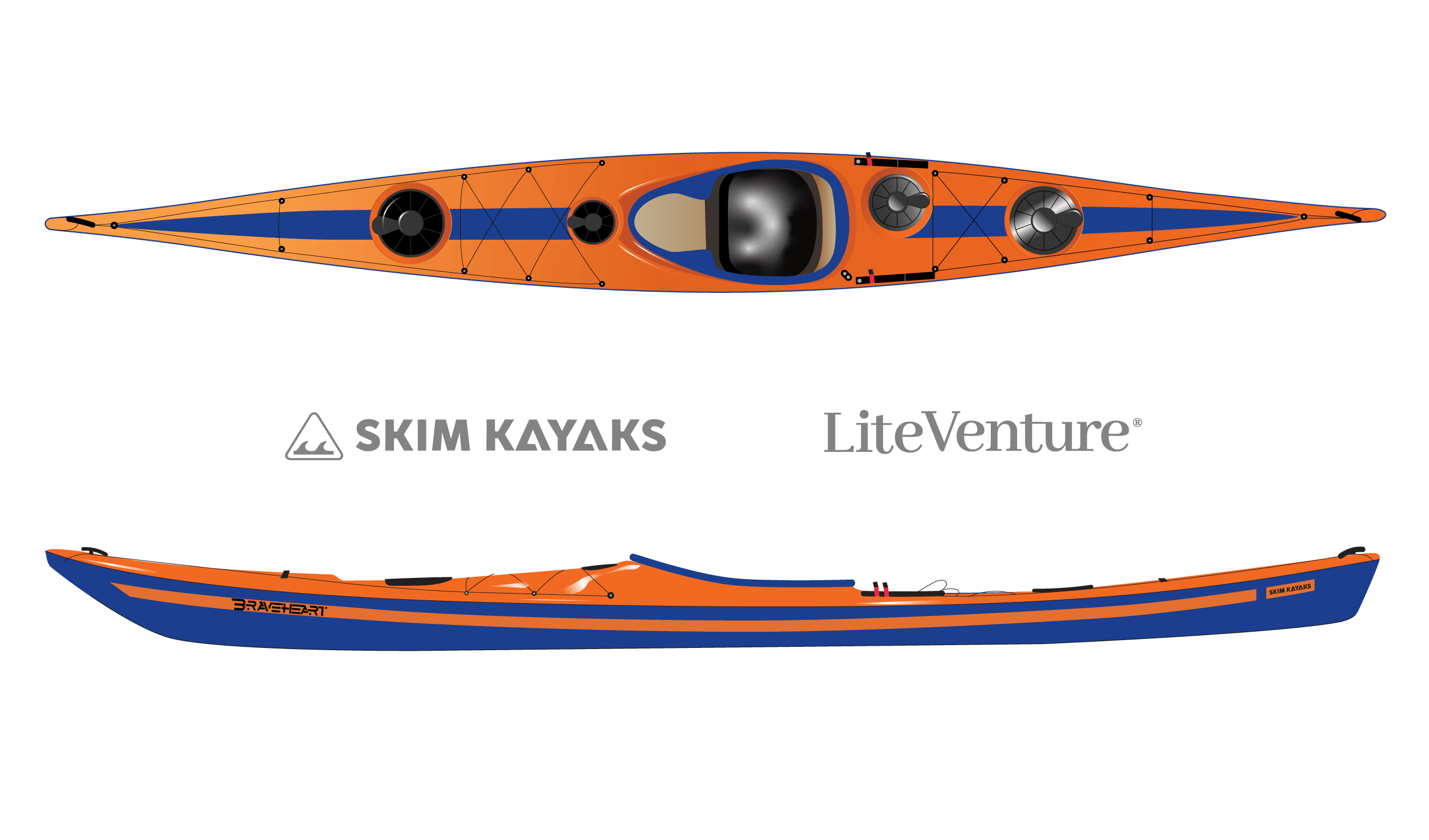 Produktbild von Kajak " Braveheart Rockhopper-orange blau " der Marke SKIM Kayaks für 4255.00 €. Erhältlich online bei Lite Venture ( www.liteventure.de )