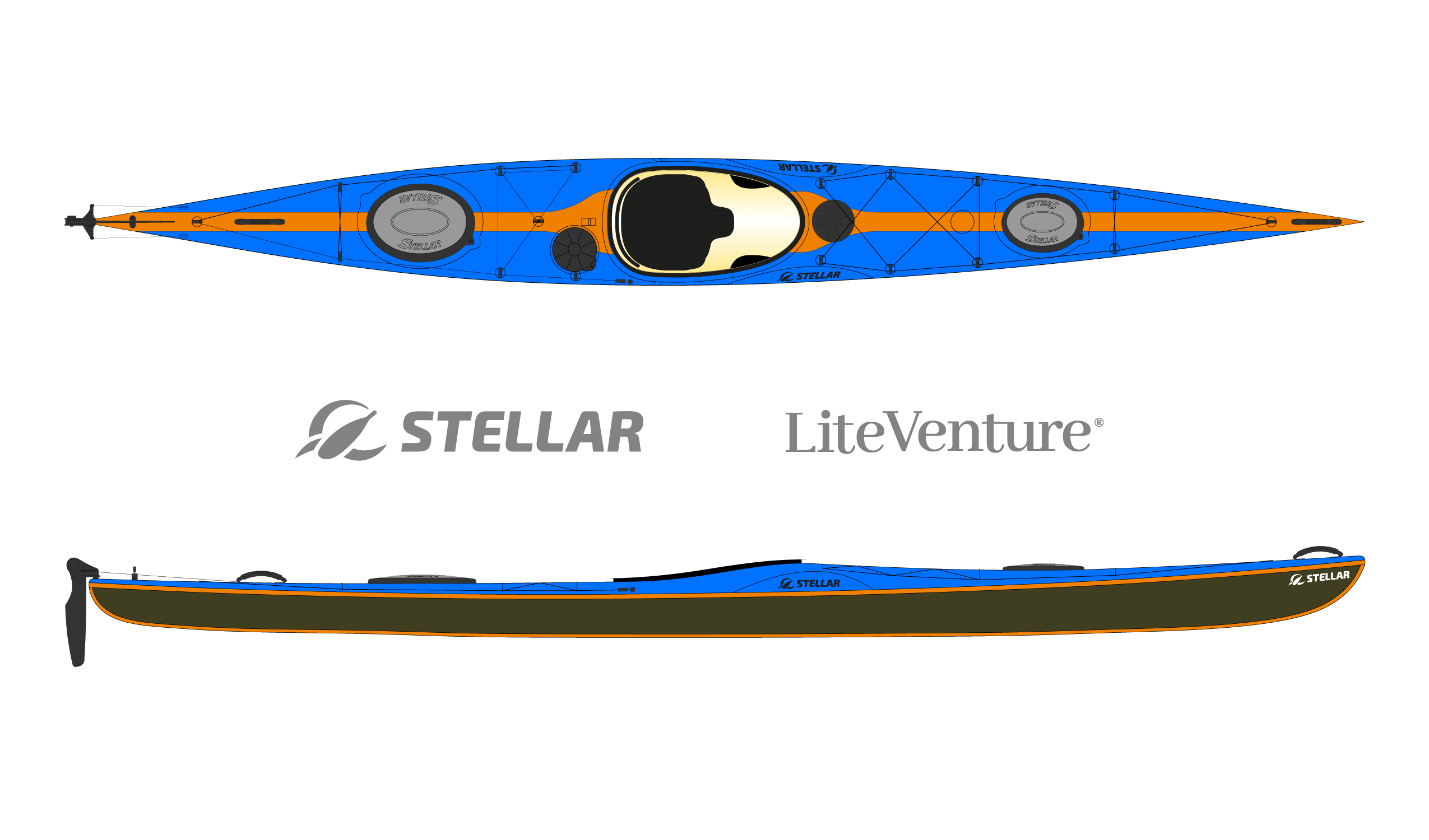Produktbild von Kajak " S18 Expedition Multisport-blau orange " der Marke STELLAR Lightweight für 3490.00 €. Erhältlich online bei Lite Venture ( www.liteventure.de )
