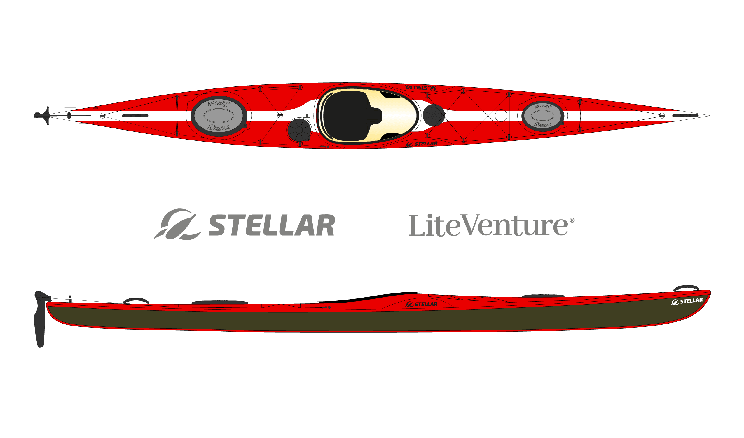 Produktbild von Kajak " S18 Expedition Multisport-rot weiß " der Marke STELLAR Lightweight für 3490.00 €. Erhältlich online bei Lite Venture ( www.liteventure.de )