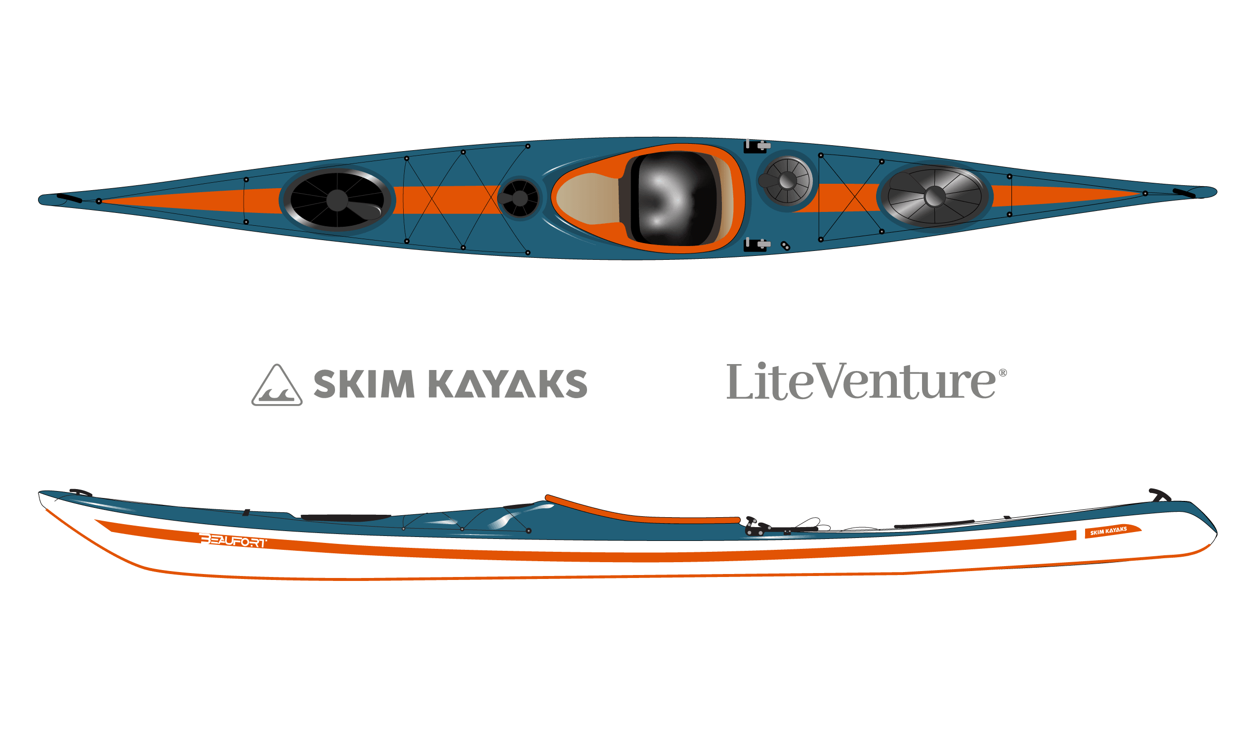 Produktbild von Kajak " Beaufort XL Traditional-azurblau orange " der Marke SKIM Kayaks für 3950.00 €. Erhältlich online bei Lite Venture ( www.liteventure.de )
